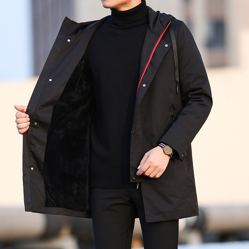 香港风衣男中长款连帽2025春秋男士外套秋冬时尚大码加绒纯色大衣
