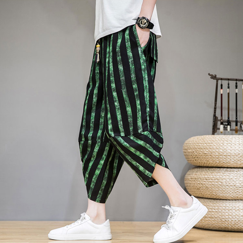 香港亚麻七分裤男夏季薄款条纹棉麻裤子大码哈伦裤宽松直筒萝卜裤