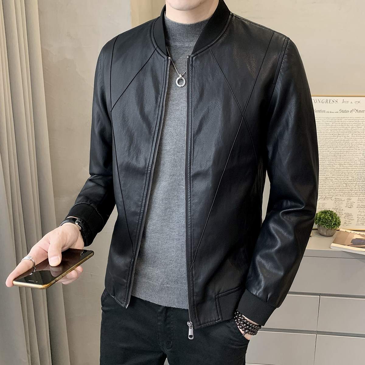 香港棒球服夹克男春秋季新款潮流高级感机车皮衣外套短款修身轻奢