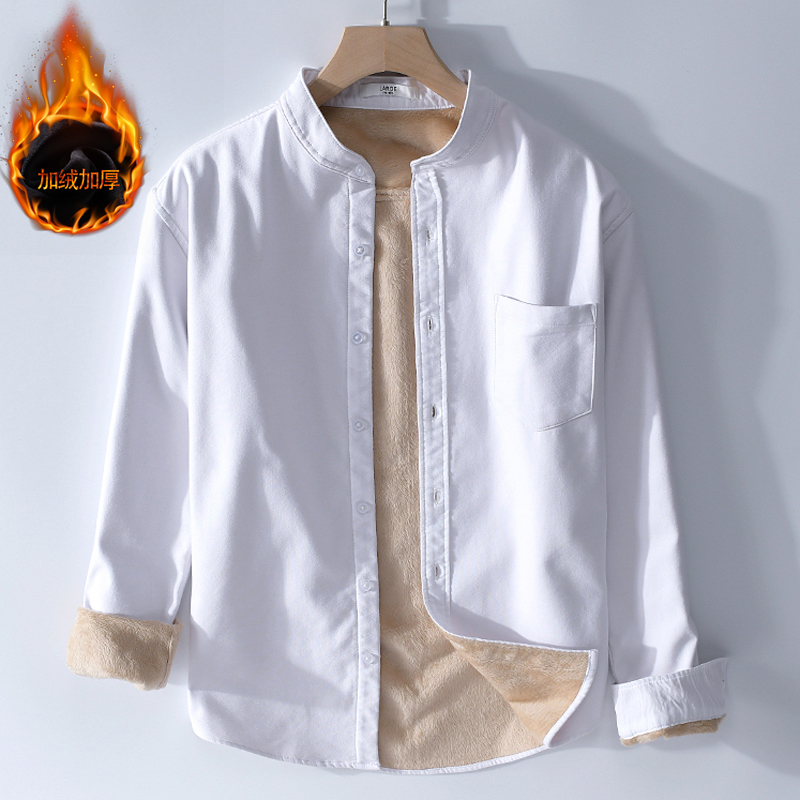 香港秋冬季加绒加厚保暖衬衫男长袖休闲无领衬衣纯棉牛津纺上衣潮