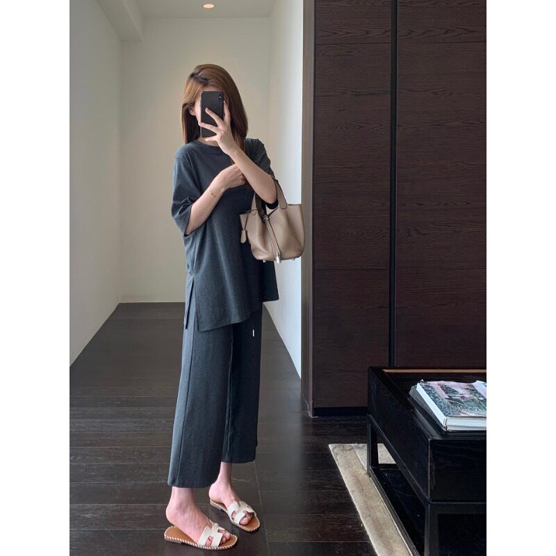韩系慵懒风懒人两件套宽松小开叉上衣九分阔腿裤休闲套装女夏新女