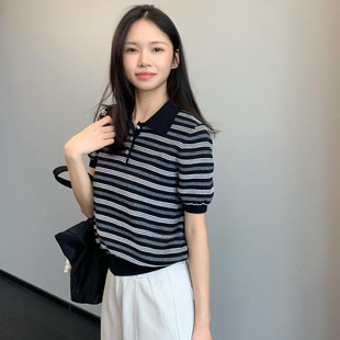 休闲活力感~复古polo翻领条纹针织衫女短袖百搭休闲26春夏