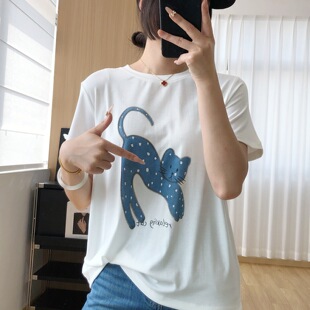 瞬间凉感！柔软亲肤莱赛尔猫咪短袖T恤女夏薄款休闲宽松显瘦上衣