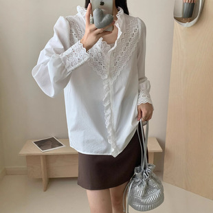 女2024秋季 襯衣流行上衣 復(fù)古風(fēng)格 女款 鏤空白襯衫 長袖 法式 花邊新款