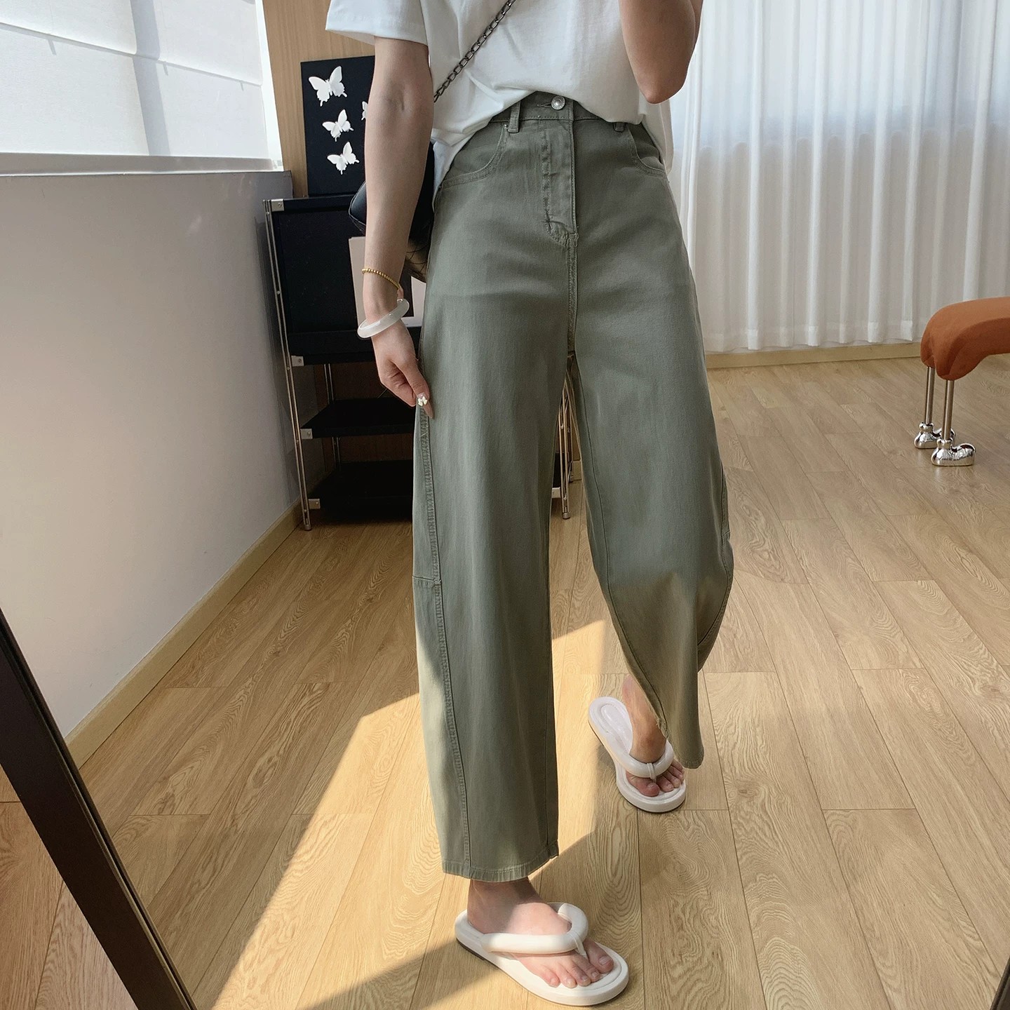 2026新款杨桃裤！复古灰苔绿立裁侧缝拼接弯刀裤宽松九分牛仔裤女图片