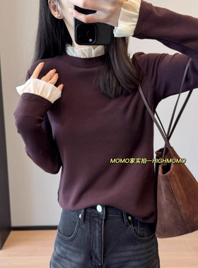 精致浪漫!网纱荷叶边领打底衫洋气磨毛内搭高弹绵羊毛T恤女25