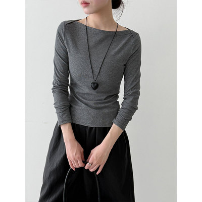好货 复古高智感船领设计感内搭长袖T恤女秋修身显瘦辣妹上衣2075