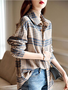 春秋款纯棉美式复古黑白格子衬衫女款宽松中长款韩版磨毛情侣外套