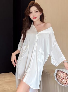 冰丝睡裙女款2026新款夏款高级感衬衫睡衣性感薄款中长款大码开衫