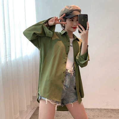 牛油果绿春秋2025新款衬衫女上衣设计感小众开衫长袖宽松打底衬衣