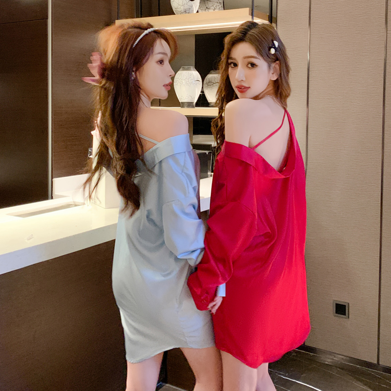 冰丝睡衣女露背薄款性感宽松红色男友风衬衫长袖睡裙春秋家居服