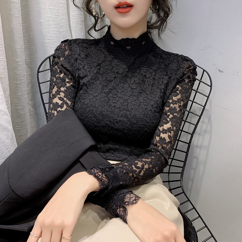 保暖内搭蕾丝花边打底衫女2025新款冬季洋气独特别致加绒加厚上衣