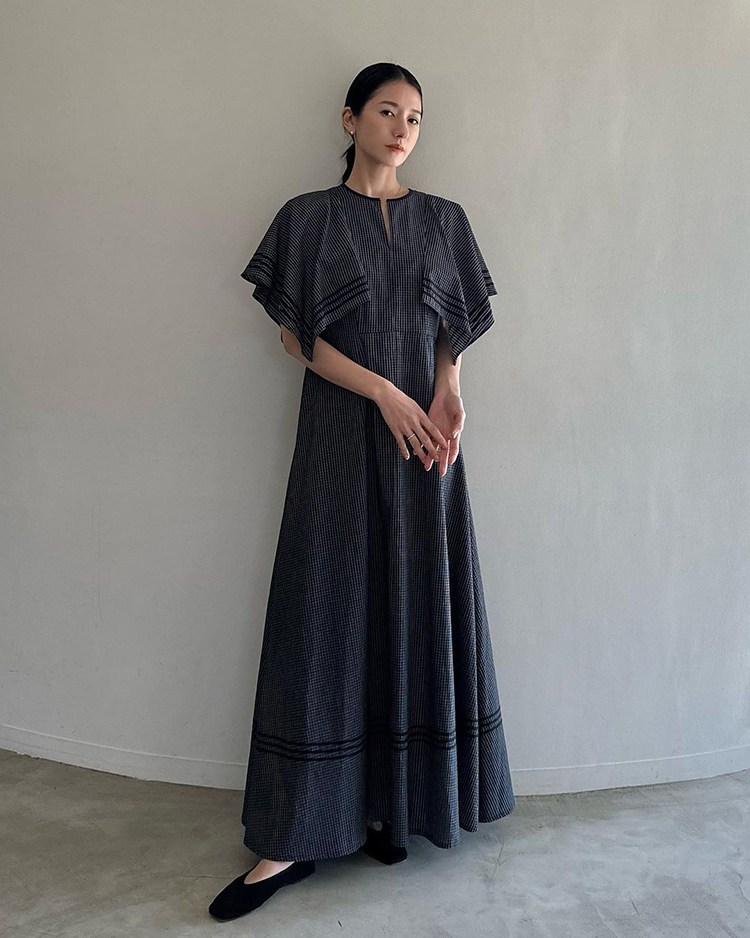 松本惠奈设计师复古不规则手帕飞袖小细格纹连衣裙长裙度假风洋装