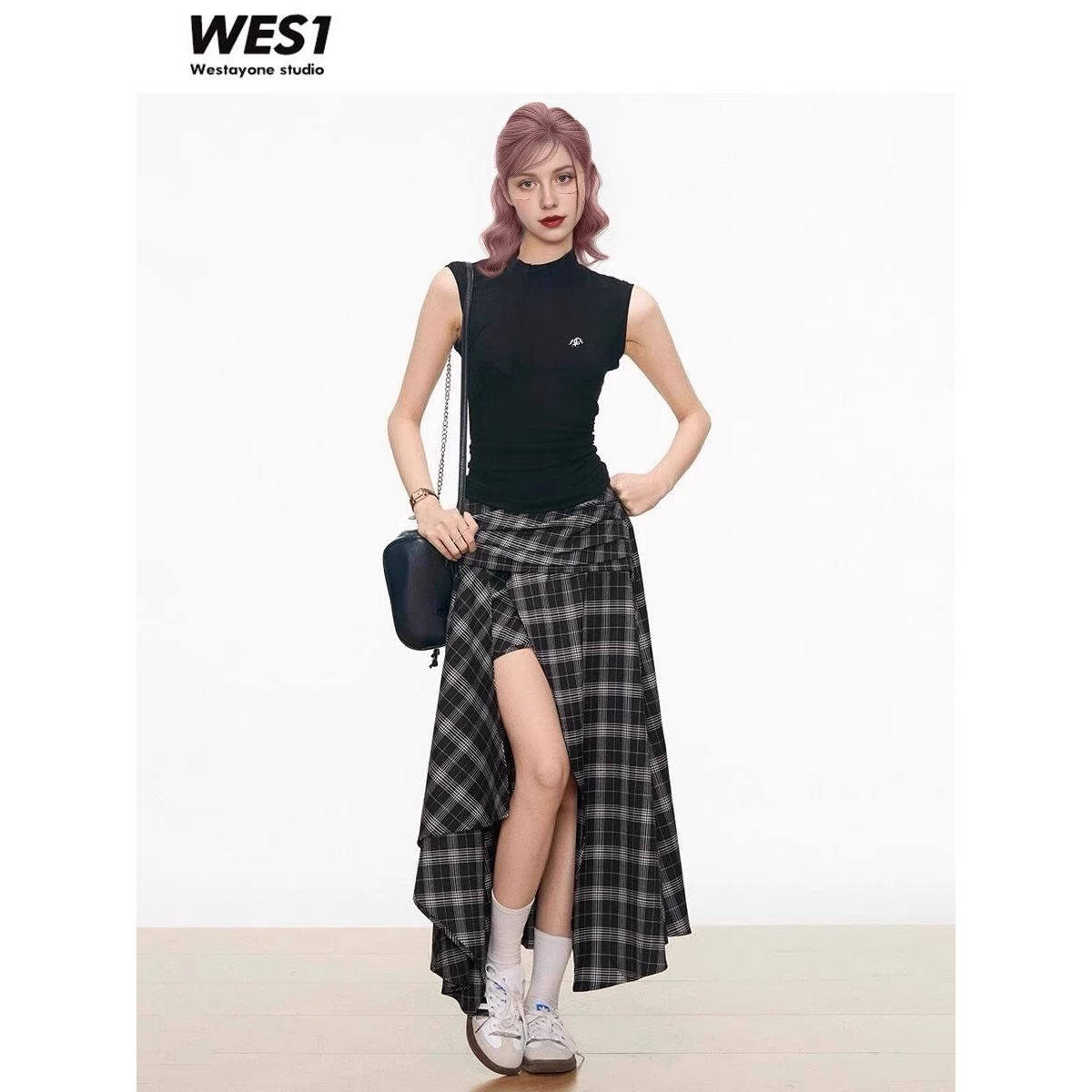 【5月8号新品】WESTAYONE 设计感格纹半身裙+蝴蝶结针织背心上衣