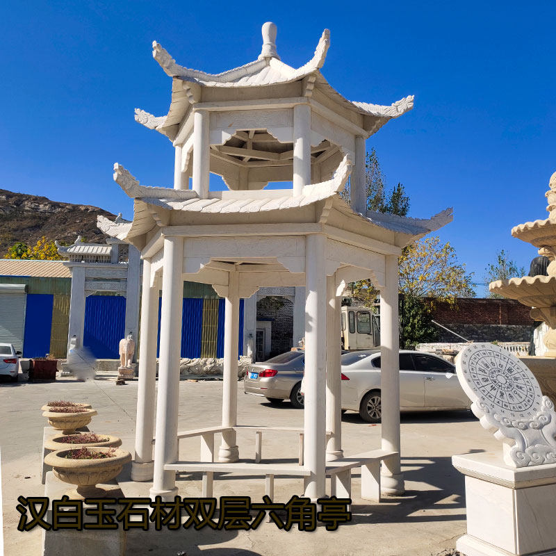 石雕凉亭晚霞红大理石中式八角亭子双层六角欧式园林户外庭院亭子