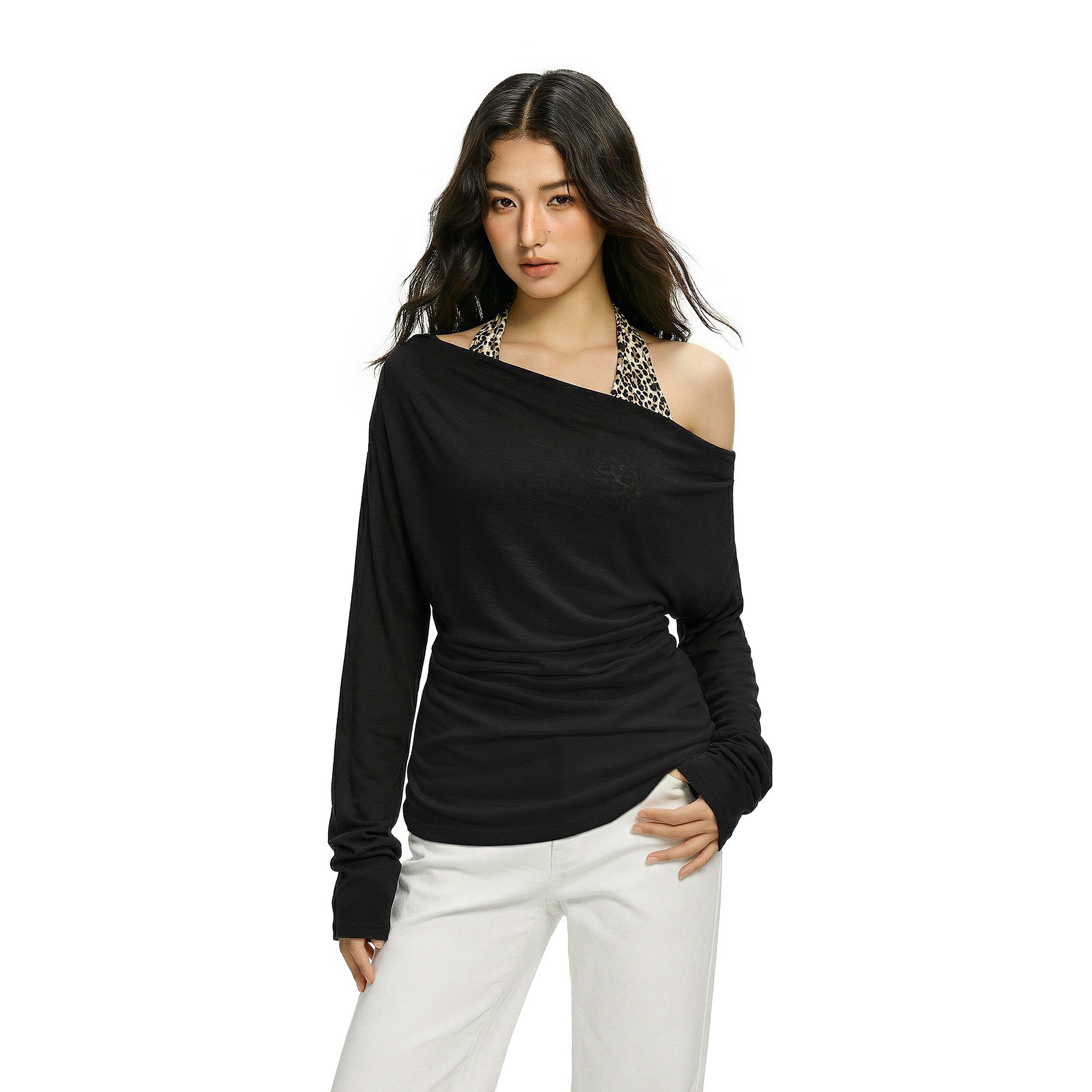 FDR 荡领一字肩斜肩上衣女高级感t恤长袖防晒罩衫豹纹吊带两件套