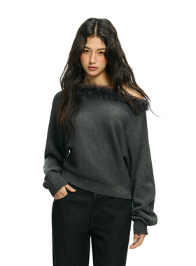 FDR官方店 一字肩斜肩两穿毛毛领毛衣女春季辣妹氛围感针织衫上衣