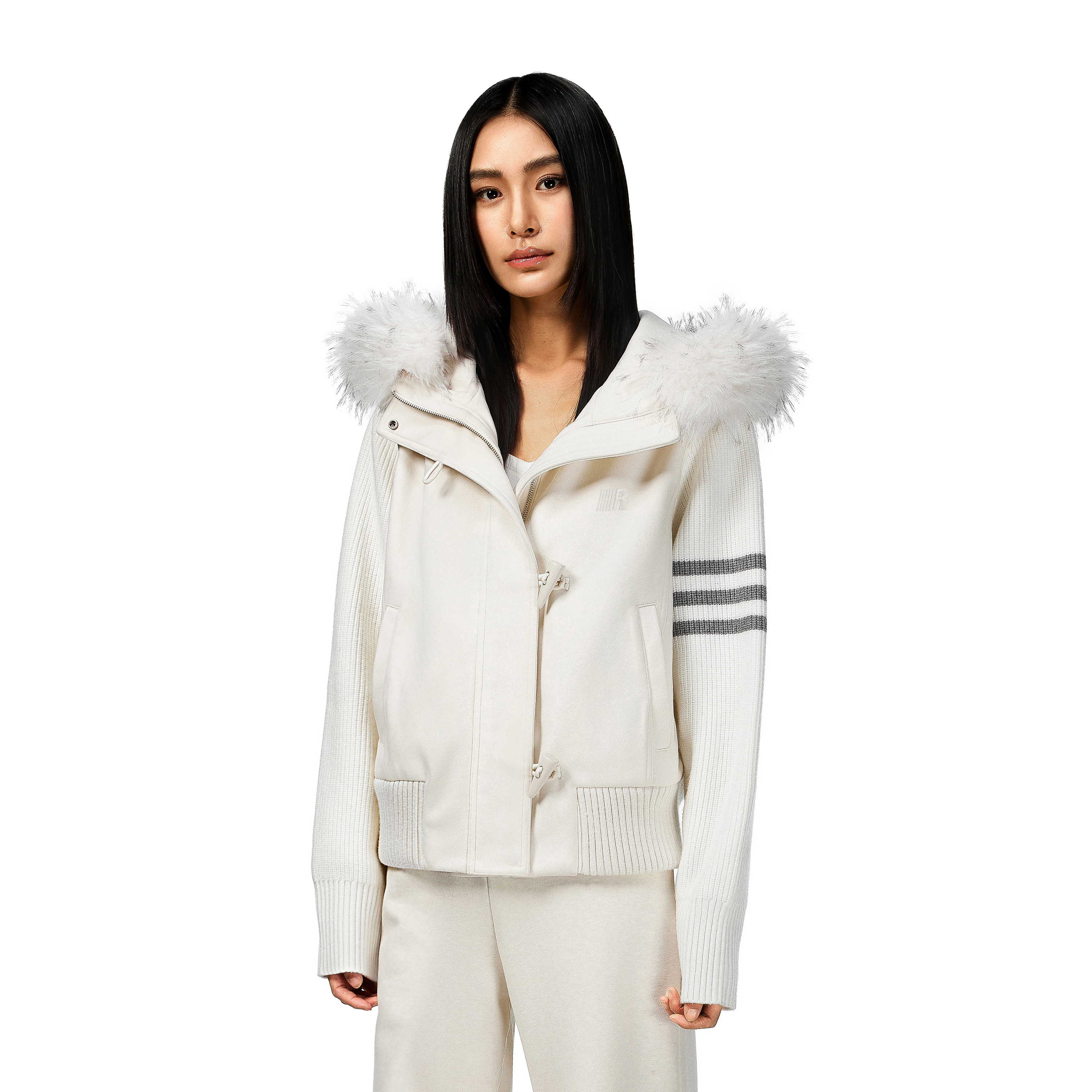 FDR官方店 2025秋冬新款可拆卸毛领针织拼接牛角扣白色短款外套女,男装,夹克,淘宝优惠券,粉丝福利购,淘宝优惠卷