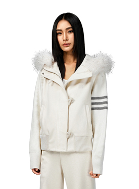 FDR官方店 2025秋冬新款可拆卸毛领针织拼接牛角扣白色短款外套女