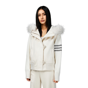 外套女 可拆卸毛领针织拼接牛角扣白色短款 FDR官方店 2025秋冬新款