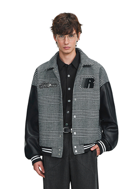 FDR官方店 钉珠贴布绣千鸟格棒球服男女秋冬情侣装重磅夹克外套