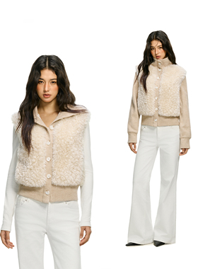 FDR官方店 毛毛拼接可拆卸针织袖设计感短外套女春季纽扣开衫上衣