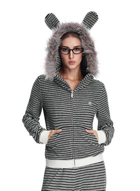 FDR氛围感秋季新款拉链开衫外套兔耳朵条纹毛领修身连帽卫衣女款