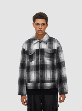 FDR 国潮美式格子呢料夹克外套男女秋冬季潮牌情侣装宽松印花上衣