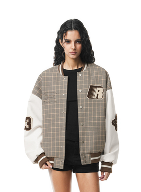 FDR官方店 千鸟格拼接棒球服外套女2025新款秋冬季宽松情侣夹克男