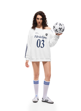 FDR官方店 03印花织带斜肩卫衣女春季辣妹运动套头上衣露肩球衣