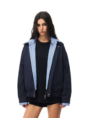 FDR官方店2025秋冬翻领情侣开衫男撞色拼接格子假两件夹克外套女