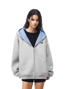 FDR官方店 R字格纹空气层连帽卫衣外套男女秋季情侣开衫miu系上衣