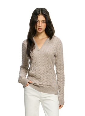 FDR官方店 羊毛棉桑蚕丝V领修身绞花针织衫女春辣妹连帽套头毛衣