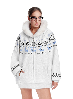 FDR官方店 费尔岛小狗毛领卫衣外套男女秋季加厚情侣撞色拉链帽衫