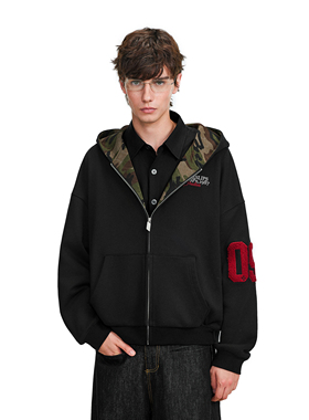 FDR官方店 拼接迷彩拉链连帽卫衣外套男女春季宽松情侣装帽衫上衣
