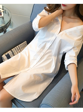春秋新款BF风女衬衣性感韩版百搭大码白衬衫睡衣宽松中长款防晒衣
