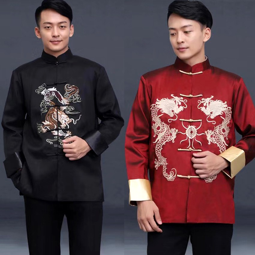 中式男装中国风刺绣龙上衣婚礼汉服唐装男青年休闲长袖外套伴郎服