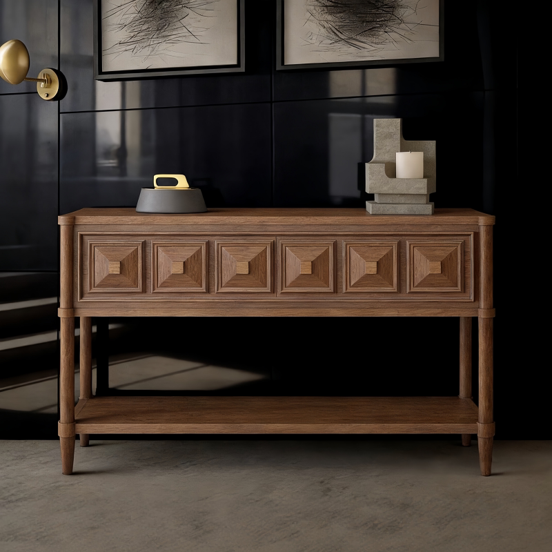 美式乡村做旧实木玄关桌 中古风雕刻餐边桌卧室客厅通用置物边柜