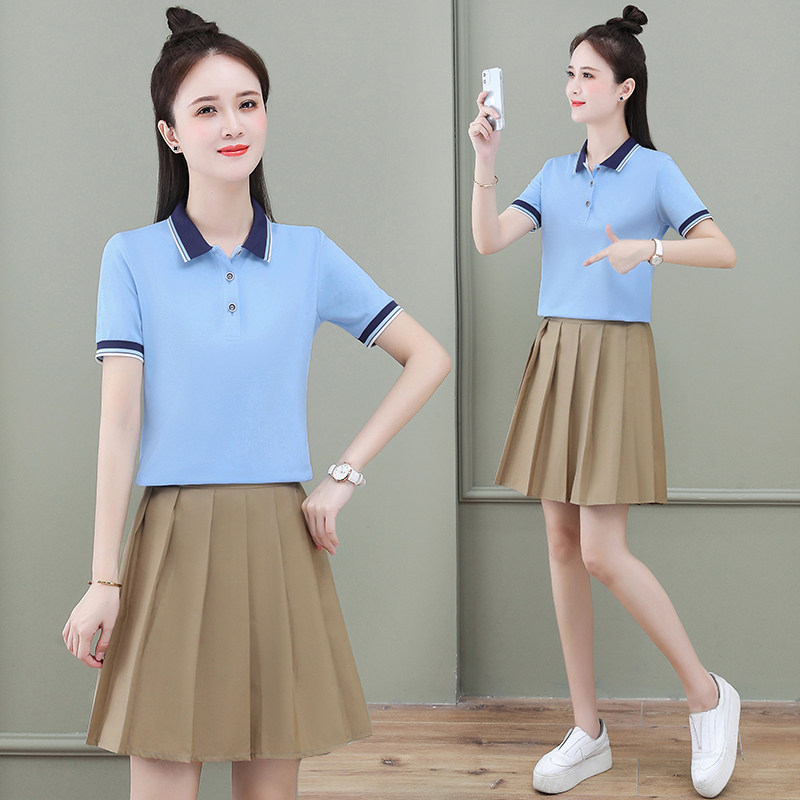 幼儿园老师园服夏季新款幼师工作服polo衫百褶裙两件套装工衣定制