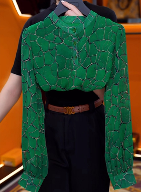 高级感显白绿色圆领衬衫女2026春季重磅气质百搭小衫印花减龄上衣