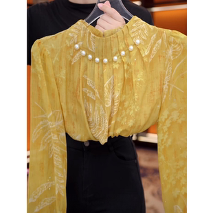 法式钉珠长袖衬衫女2026秋季新款高级感减龄宽松显瘦立领印花上衣