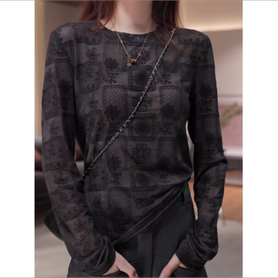 显瘦长袖 欧货网纱打底衫 印花洋气上衣修身 时尚 T恤 女2026春秋新款