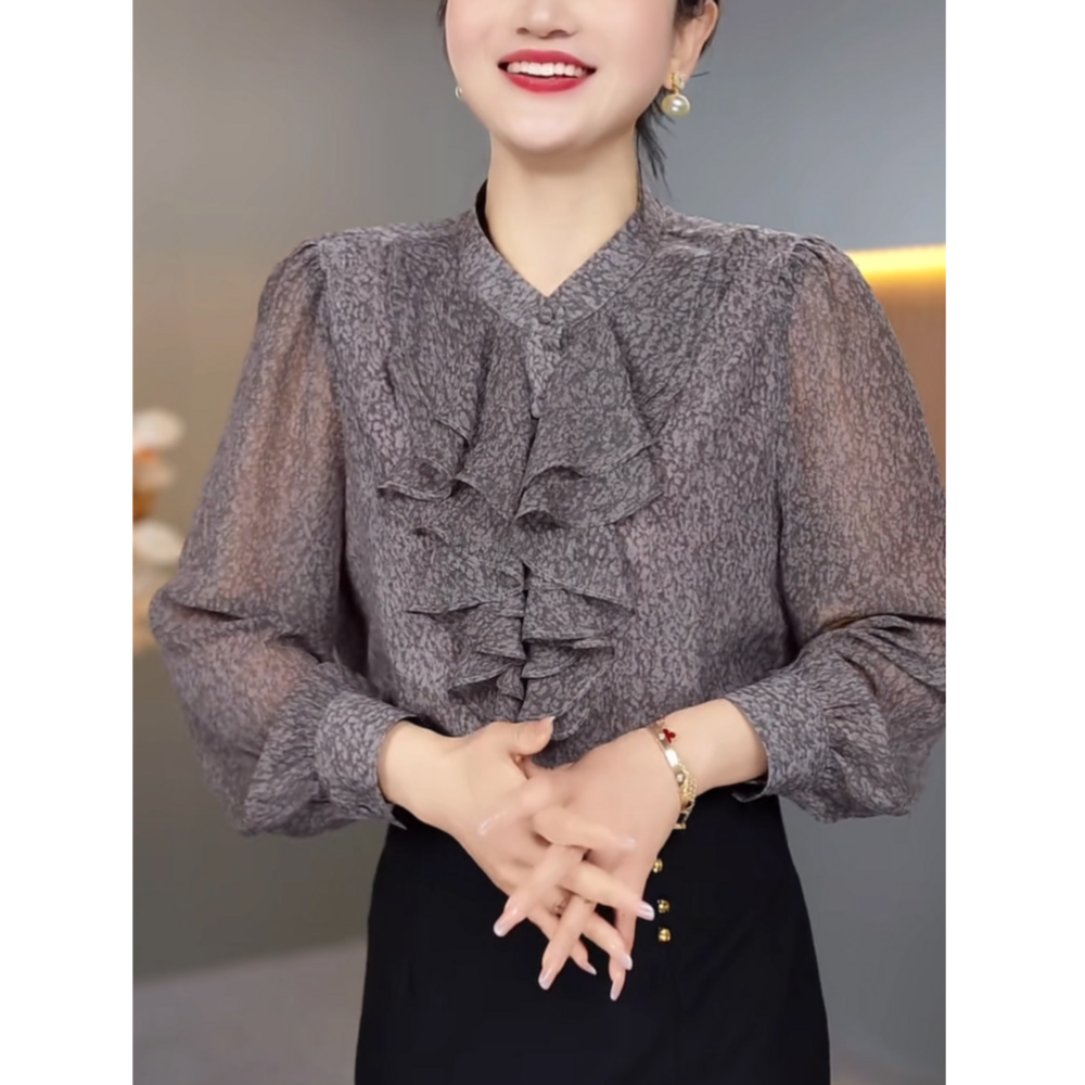 洋气木耳边显瘦衬衫女春季新款时尚气质减龄长袖立领百搭小衫上衣