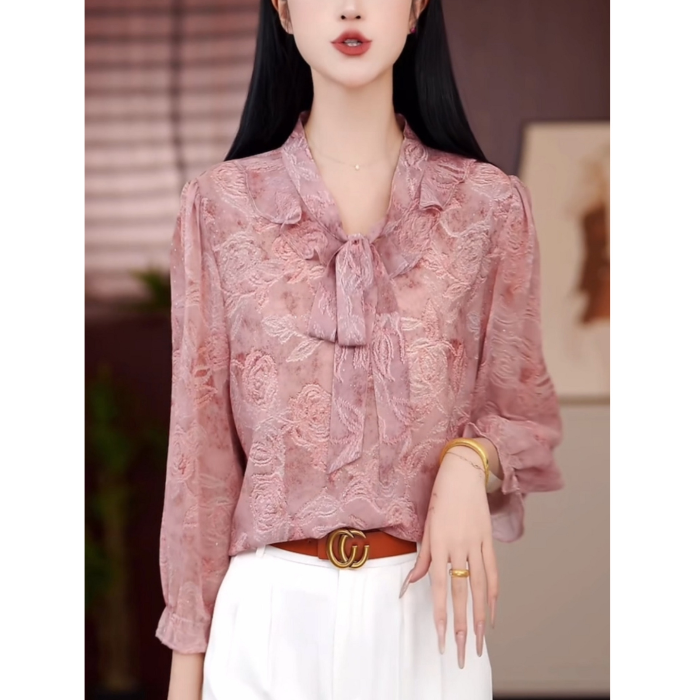 时尚粉色系带衬衫女春夏季2026新款气质妈妈装薄款七分袖减龄上衣