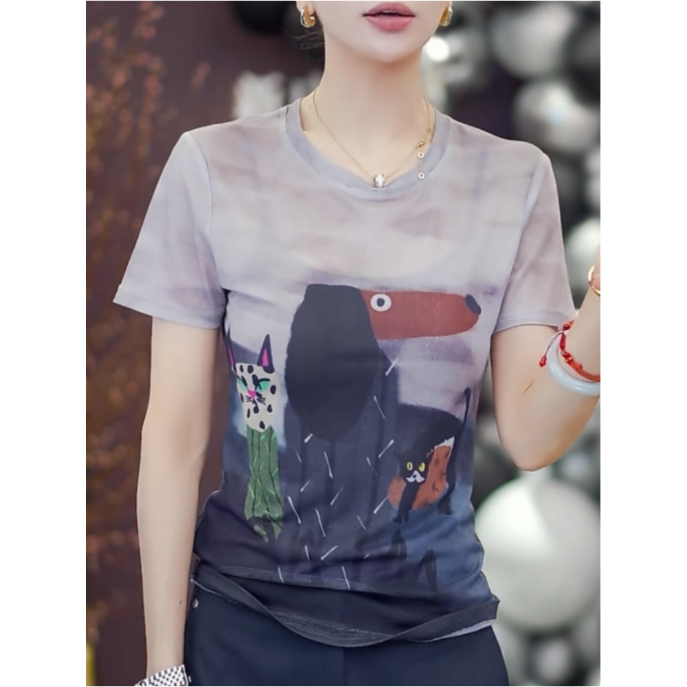 涂鸦印花双层网纱短袖T恤女