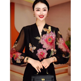 气质时尚百搭休闲富贵花开春夏装新款洋气妈妈印花V领设计感衬衫