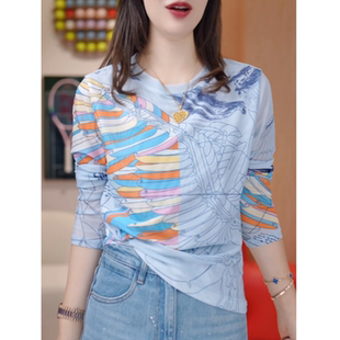上衣时尚 洋气撞色网纱T恤女长袖 春秋新款 设计感印花修身 百搭小衫