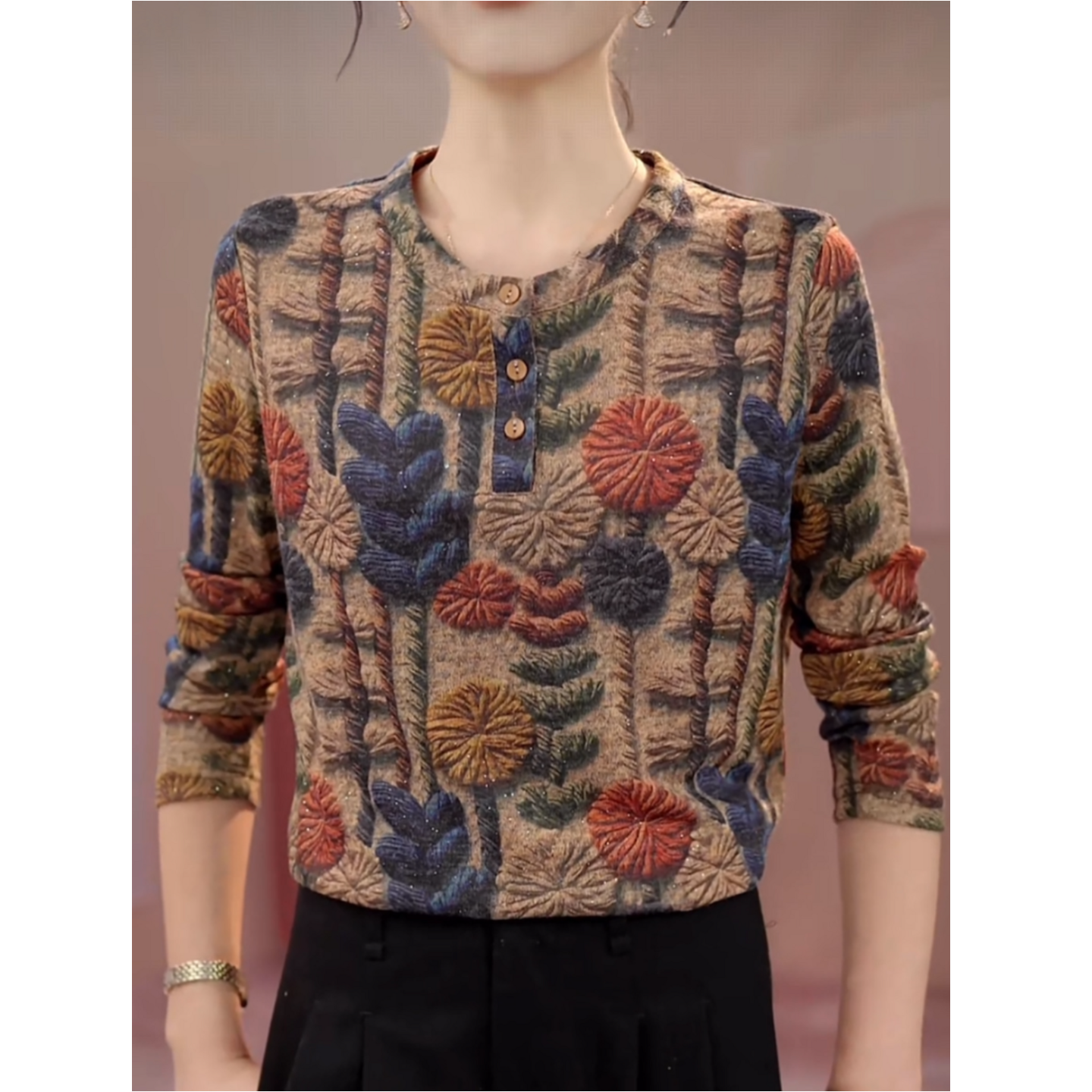 时尚德绒印花套头上衣女长袖春秋冬新款妈妈减龄保暖打底小衫上衣