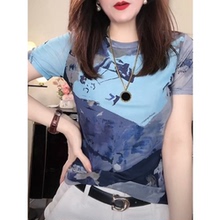 洋气扎染网纱T恤女短袖夏装新款设计感印花修身上衣百搭半袖小衫