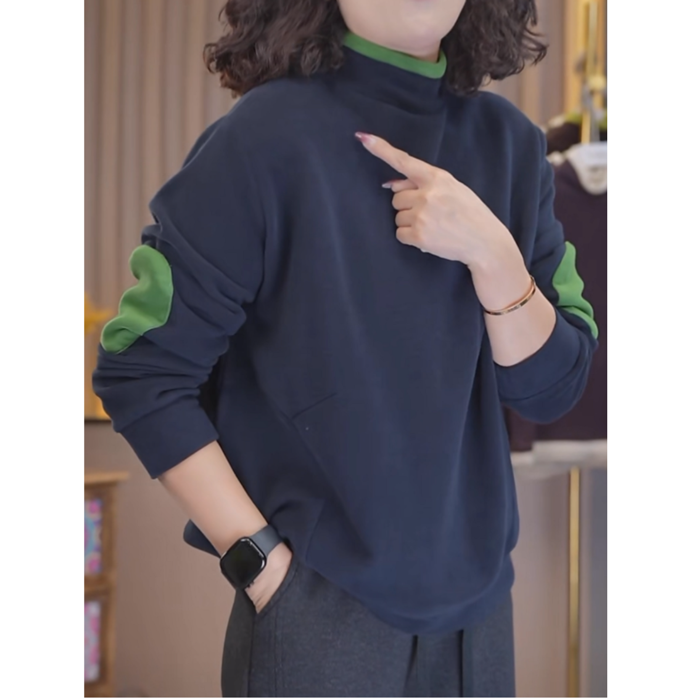 高级感半高领撞色拼接加绒卫衣女秋冬新款双面绒百搭显瘦绒衫上衣